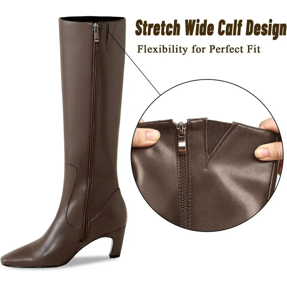 ⚡Women Faux Leather Brown Square Toe Chunky Block Heels Side Zipper  Boots